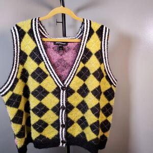 Ashley Stewart Yellow and Black Argyle Sweater Vest
